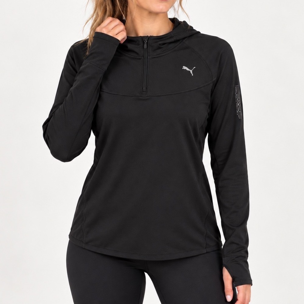 Puma Black Hooded Running Pullover Small 1/4 Zip Thumbholes Reflective Athletic